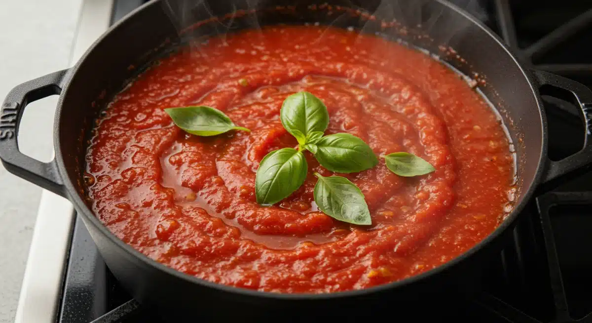Rich homemade deep dish pizza sauce simmering in a pot with fresh basil.