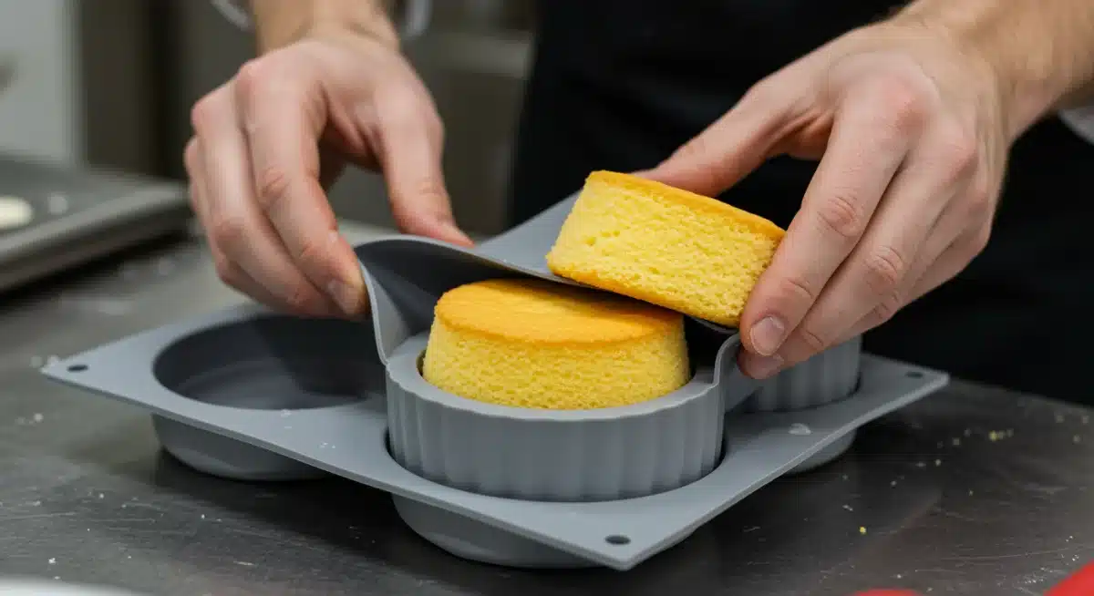 Manos desmoldando un bizcocho de un molde de silicona de platino, mostrando un resultado perfecto.