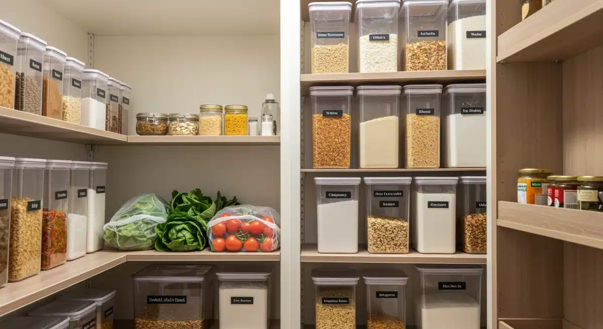 Despensa organizada con recipientes etiquetados y verduras frescas almacenadas correctamente para prolongar su vida útil.