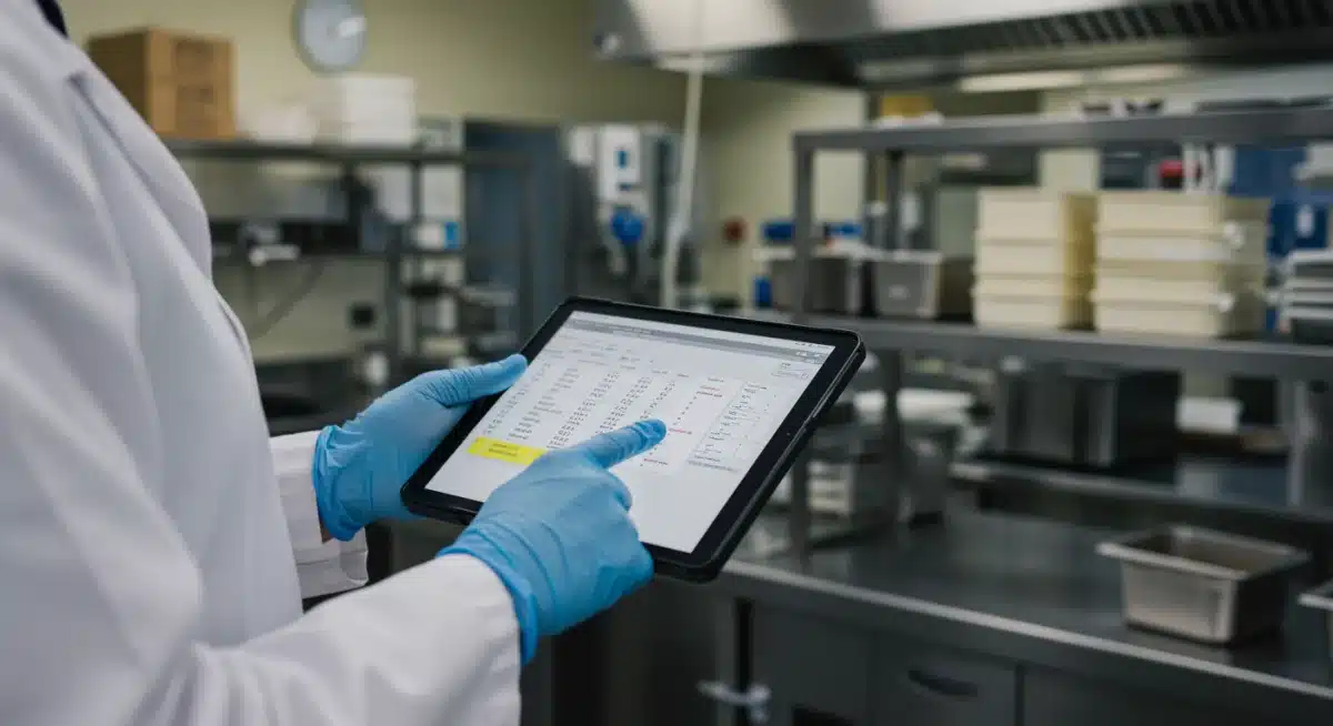 Food safety auditor reviewing digital records in a commercial kitchen