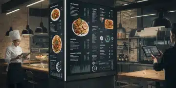 Digital menu board with data analytics overlay in a modern restaurant