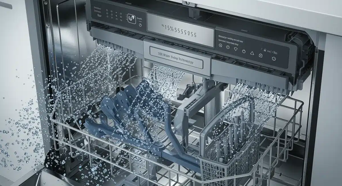 Advanced dishwasher interior showing efficient spray arms and filtration for water savings.