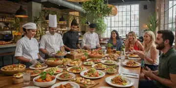 Diverse global cuisine on a restaurant table