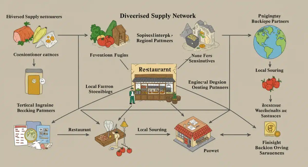 Diversified food supply network showing local farms, regional distributors, and international partners feeding a restaurant.