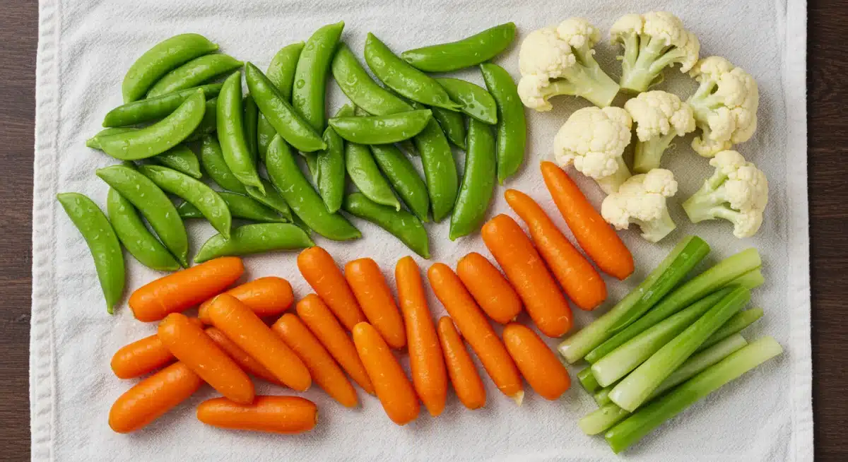 Assorted blanched vegetables draining on a towel