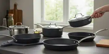 Assortment of durable cookware on a modern kitchen counter