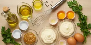 Ingredients for stable emulsifications and two perfectly emulsified sauces, vinaigrette and mayonnaise, in glass bowls.