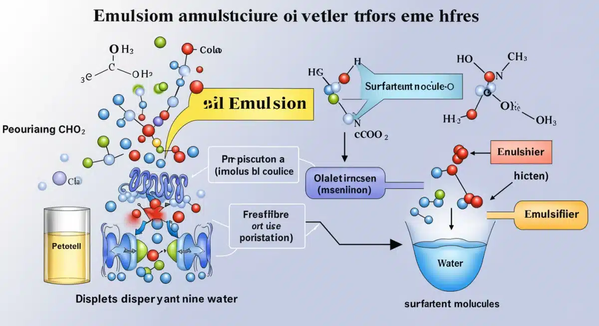 Diagram showing the molecular structure of an oil-in-water emulsion with emulsifier molecules.
