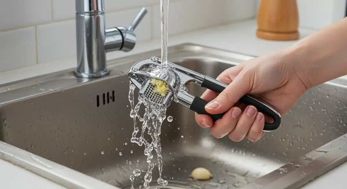 Mano enjuagando una prensa de ajos antiadherente bajo el grifo, ilustrando la facilidad para eliminar residuos de ajo en el fregadero.