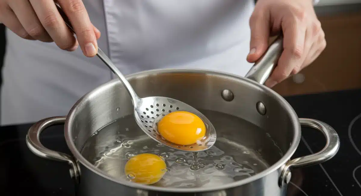 Manos de chef escalfando un huevo en agua hirviendo