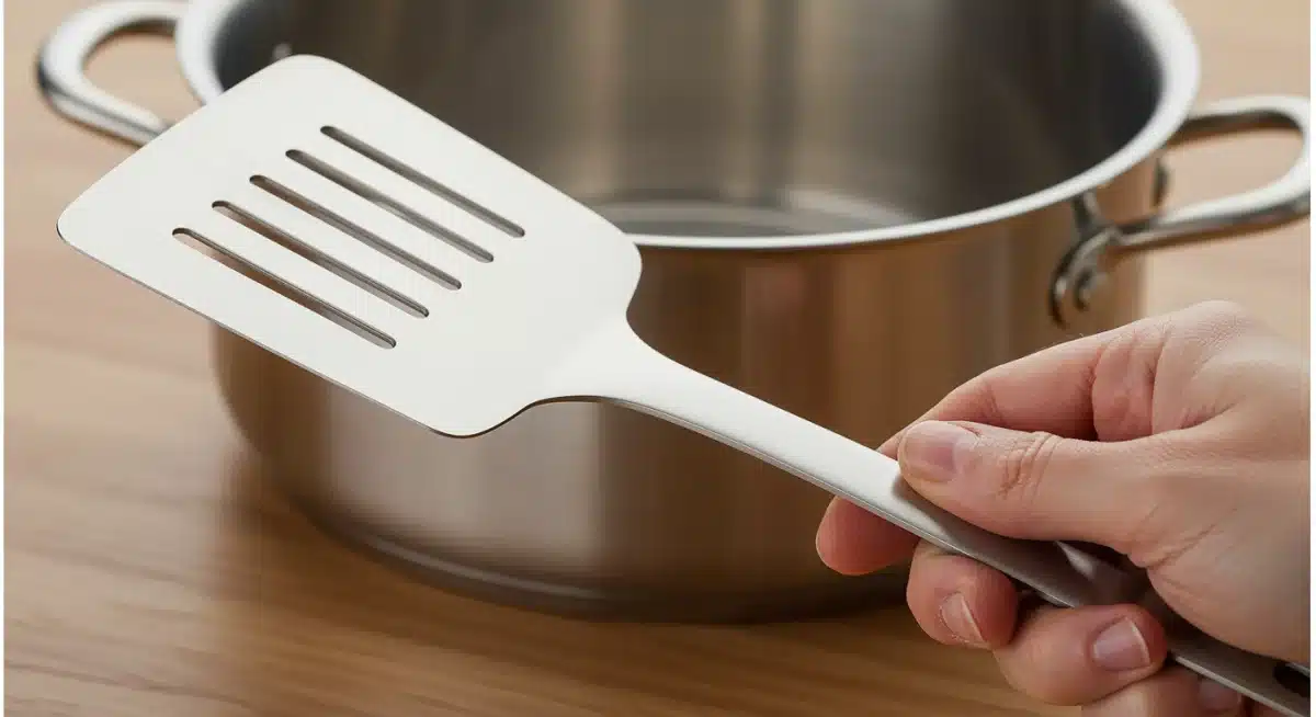 Mano sosteniendo una espátula de acero inoxidable brillante y moderna, destacando su resistencia y facilidad de limpieza.