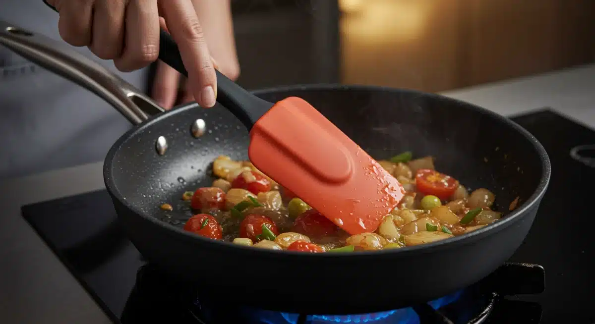 Mano de chef utilizando una espátula de silicona en una sartén antiadherente, sin rayarla.