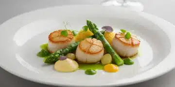 Exquisite modern food plating with seared scallops and vibrant vegetables on a white plate.