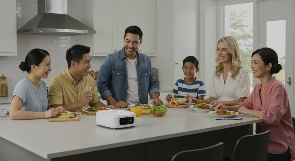 Familia disfrutando de una comida casera preparada con la ayuda de un robot de cocina.