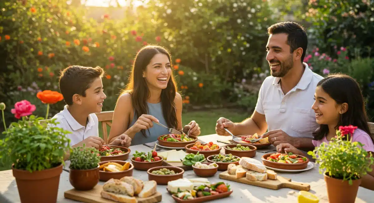 Familia disfrutando de comida mediterránea al aire libre