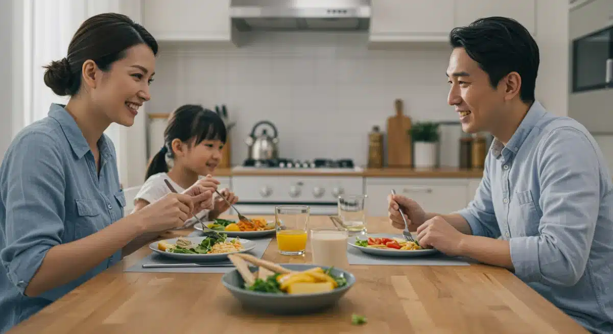 Família feliz desfrutando de uma refeição sem desperdício, simbolizando os benefícios do planejamento e aproveitamento de alimentos.