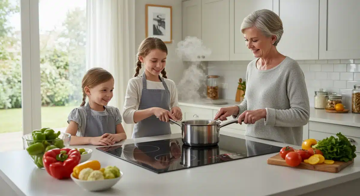 Family cooking safely and efficiently on an induction cooktop