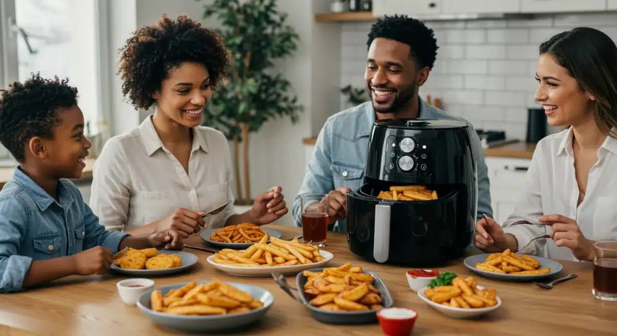 Family enjoying a healthy meal cooked with an air fryer, highlighting health benefits.