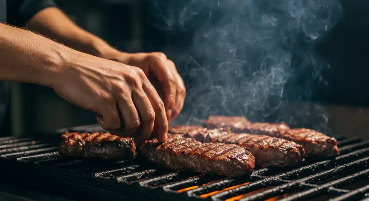 Manos de chef colocando un suculento filete marinado en la parrilla, con humo y llamas de fondo.