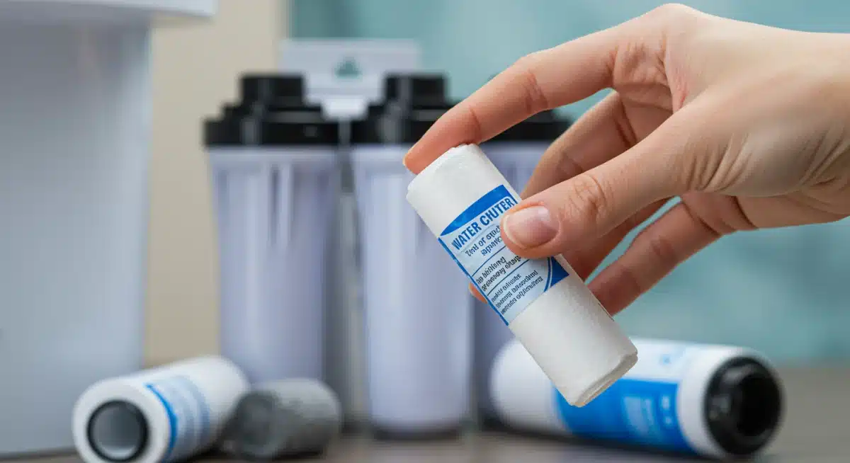 Hand replacing a water filter cartridge, showing maintenance