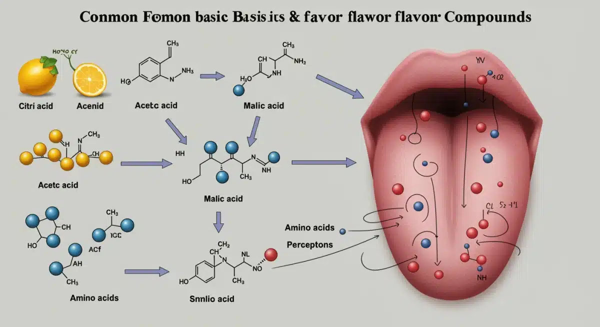 Infographic showing chemical structures of acidic and basic flavor compounds and their interaction with taste receptors.