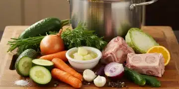 Assortment of fresh vegetables, herbs, and bones for making flavorful stock