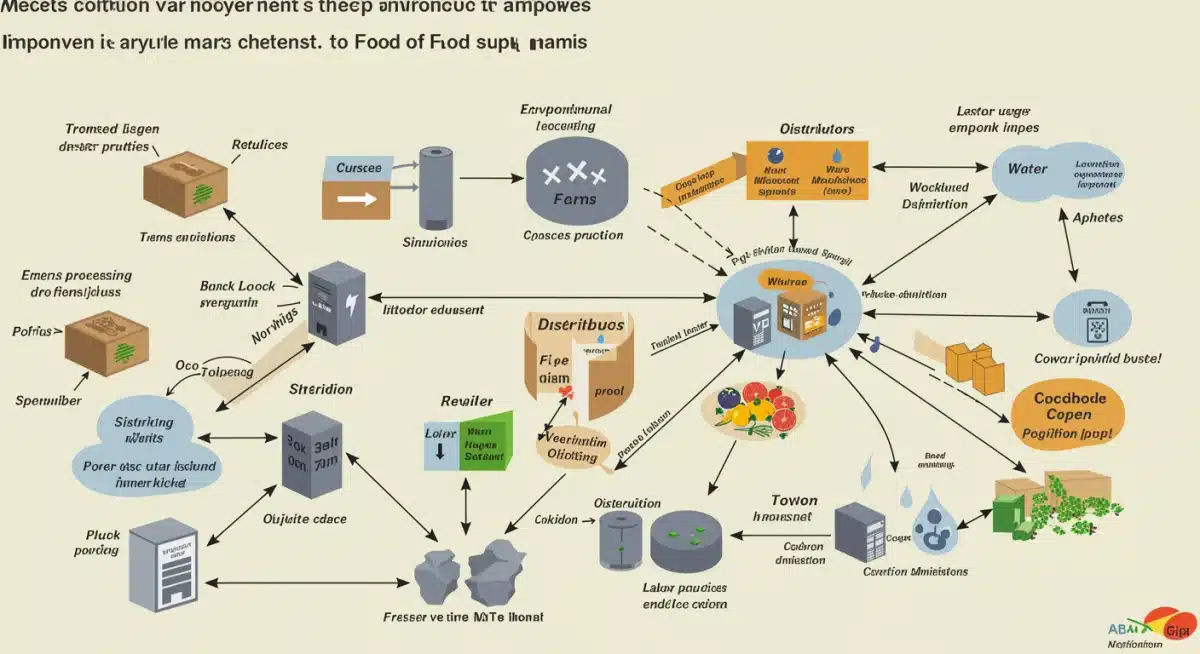 Diagram showing interconnected stages of a food supply chain with environmental and social impact points.
