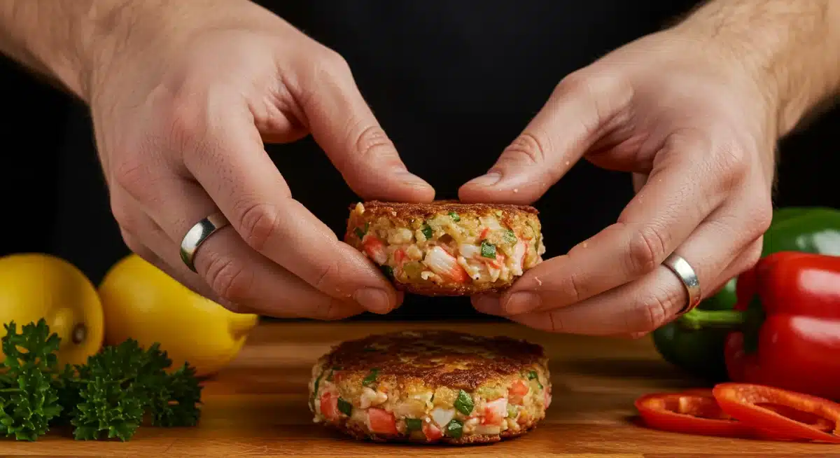 Chef's hands expertly forming a gourmet crab cake.