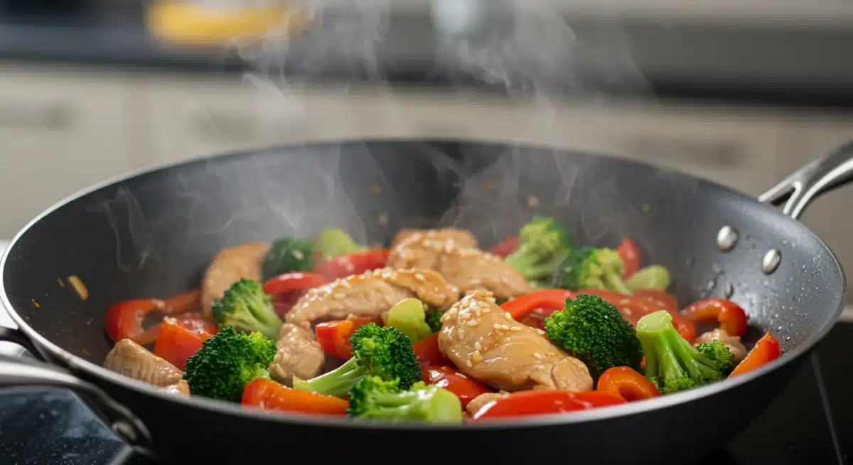 Frango e vegetais salteados frescos em uma wok, cozinhando rapidamente para um almoço saudável.