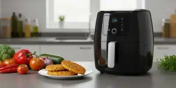 Freidora de aire moderna en una cocina limpia con alimentos saludables y crujientes.