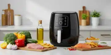 Freidora de aire moderna en una cocina, con ingredientes frescos. Símbolo de cocina saludable y bajo consumo de aceite.