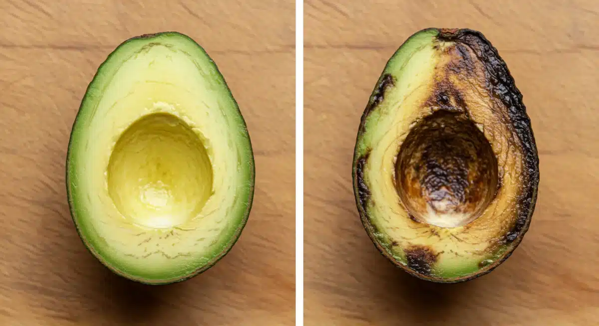 Comparison of fresh versus oxidized avocado halves demonstrating food spoilage