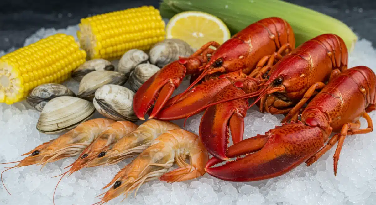 Assortment of fresh, raw seafood ingredients like lobster, clams, and shrimp, ready for a New England seafood boil.