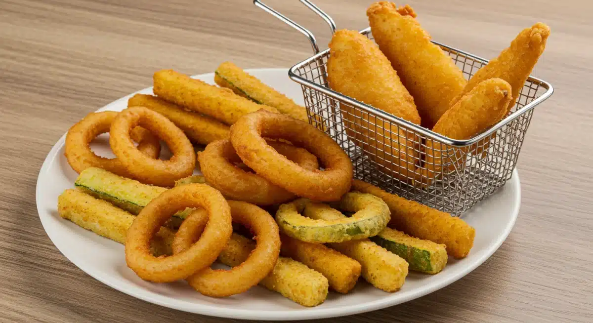 Assortment of crispy fried vegetables and fish on a platter, showcasing versatile batter