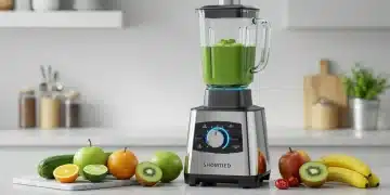 Futuristic high-performance blender making a vibrant green smoothie.