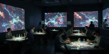 Futuristic experiential dining restaurant with holographic projections and engaged diners enjoying artistic dishes.