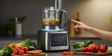 Futuristic food processor on a kitchen counter with chopped ingredients