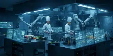 Futuristic kitchen with AI robots and data screens