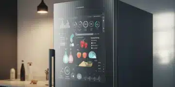 Futuristic smart refrigerator displaying freshness metrics