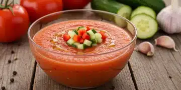 Gazpacho casero fresco en un cuenco con guarnición y verduras frescas.