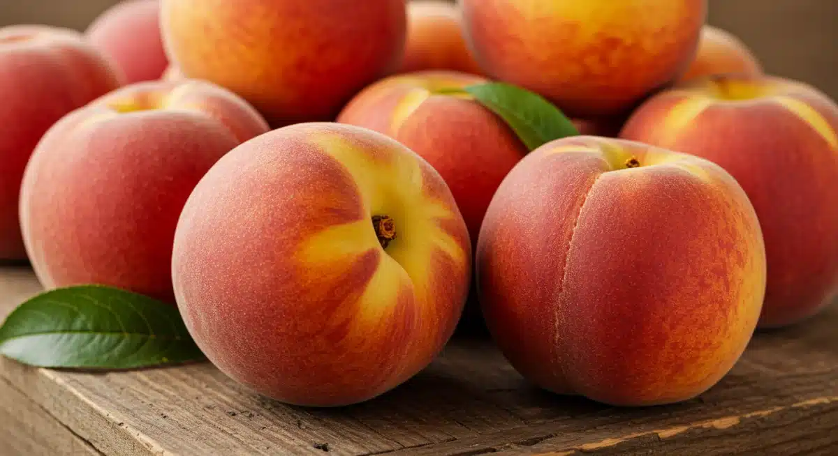 Ripe, sweet Georgia peaches on a wooden crate