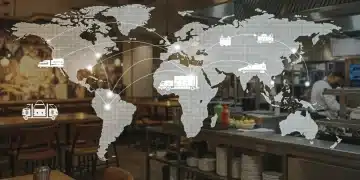 Global supply chain network connecting continents to a modern restaurant kitchen, symbolizing resilience in 2026.