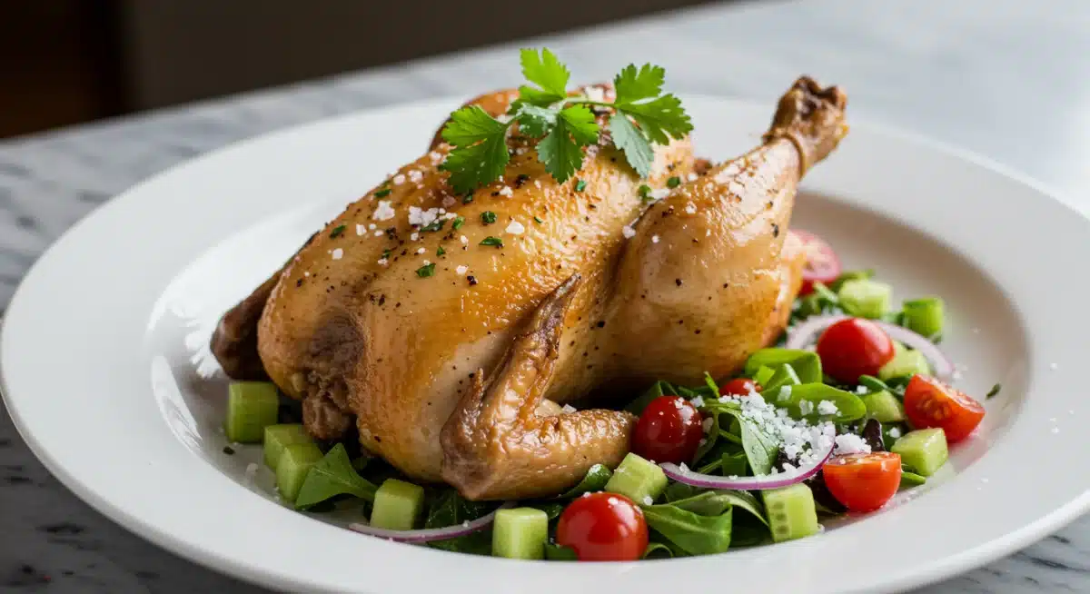 Gourmet dish with final seasoning and herb garnish