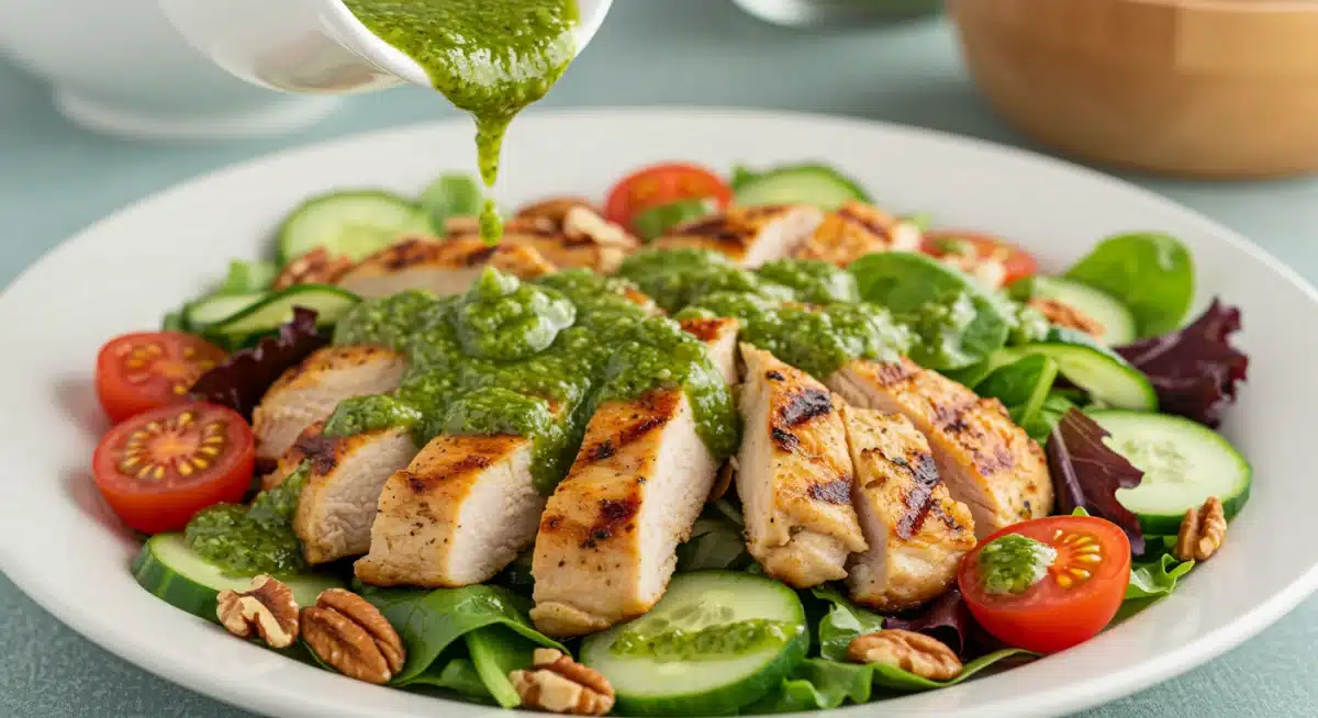 Grilled chicken salad with vibrant green pesto dressing, showcasing fresh ingredients.