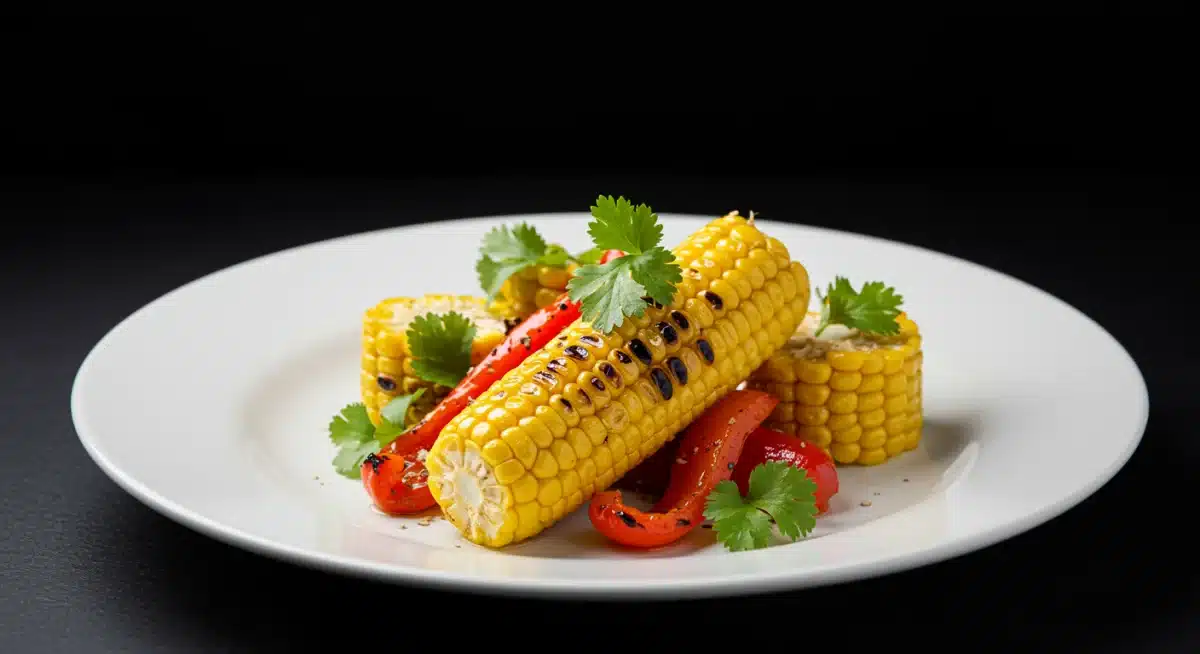 Grilled sweet corn and roasted bell peppers on a white plate