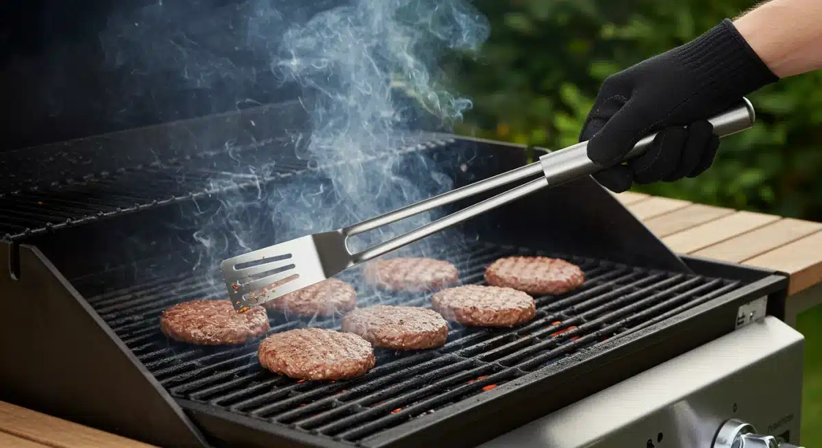 Griller flipping burgers with a heavy-duty spatula and heat-resistant gloves