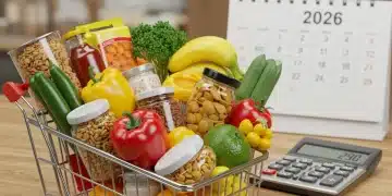 Grocery cart with fresh produce and calculator showing 25% savings for 2026