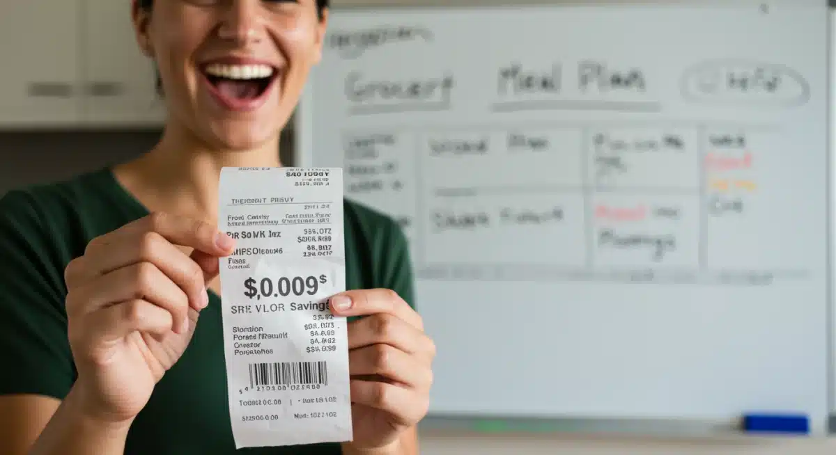 Person holding a grocery receipt with savings, meal plan in background