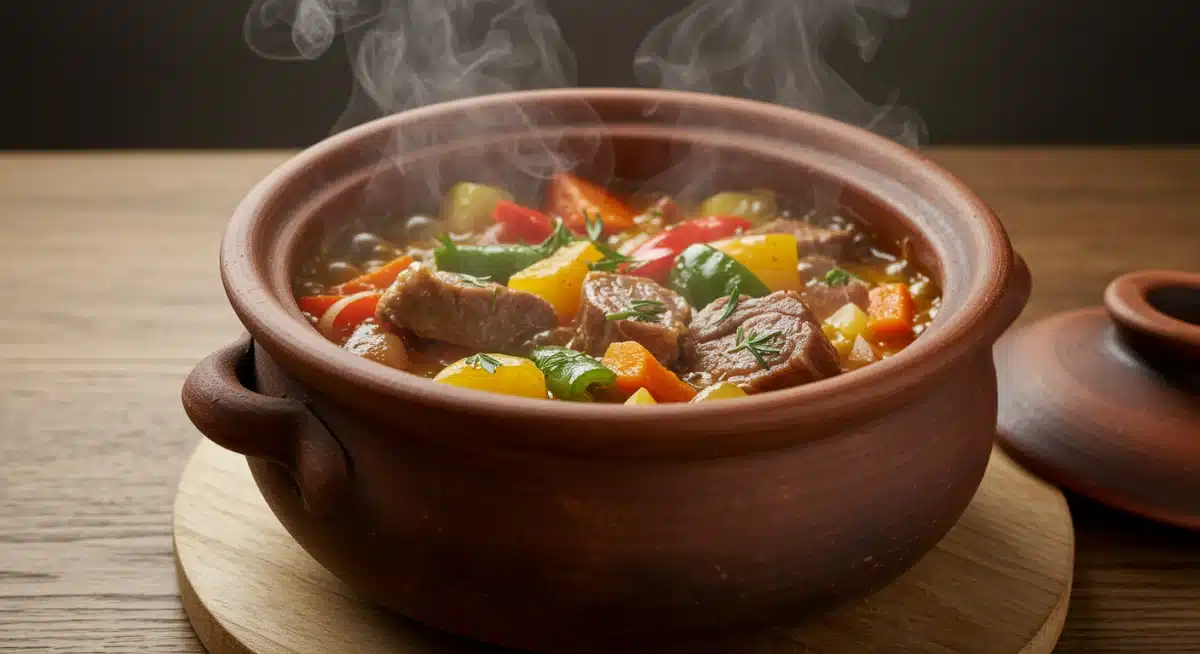 Guiso de lentejas con restos de cocido en una cazuela de barro