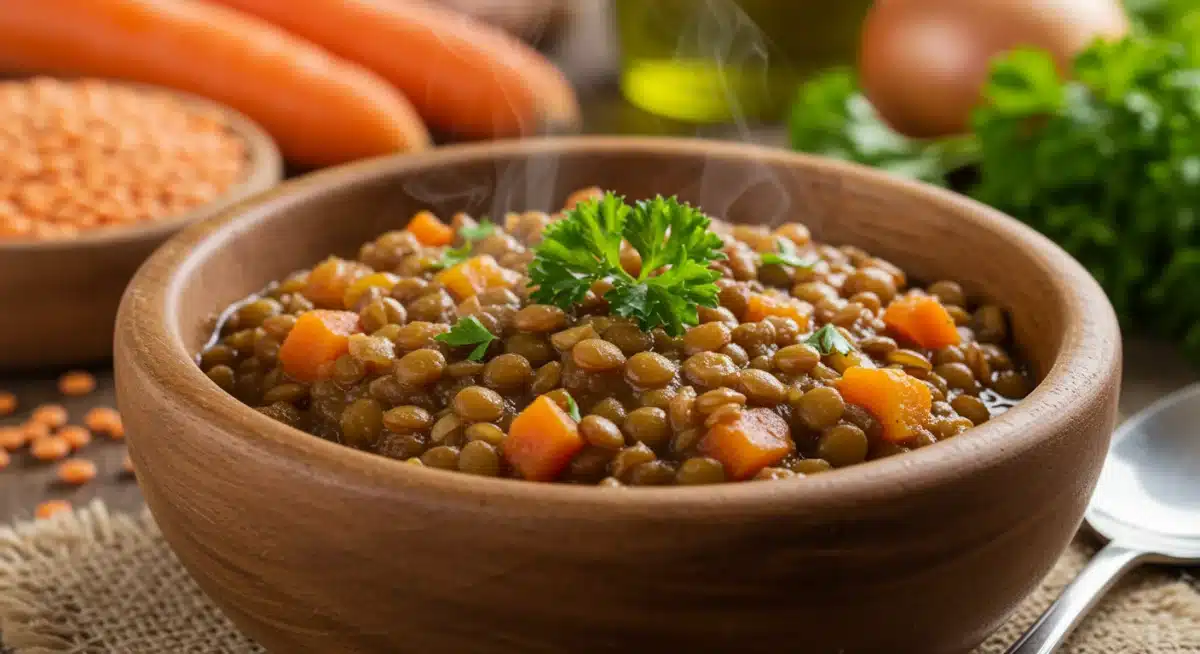 Guiso de lentejas casero y nutritivo con perejil fresco.